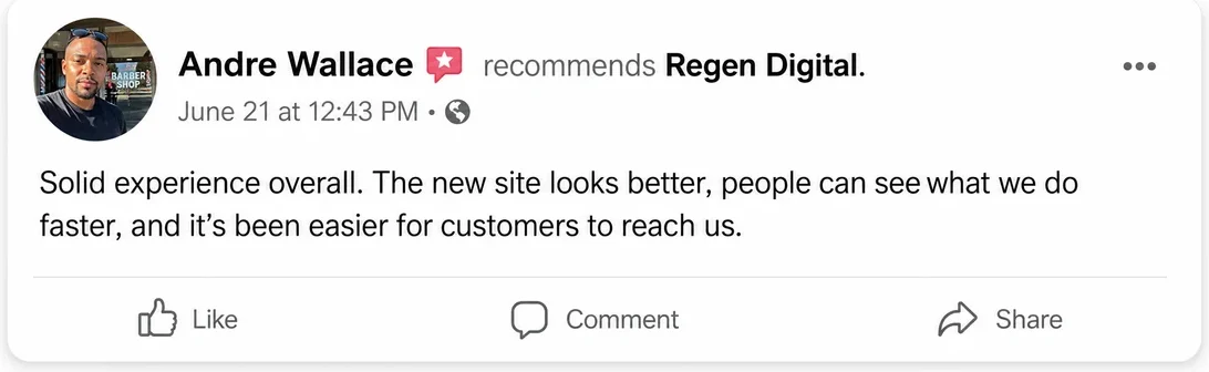 Facebook recommendation from Andre Wallace, June 21: Solid experience overall. The new site looks better, people can see what we do faster, and it's been easier for customers to reach us.
